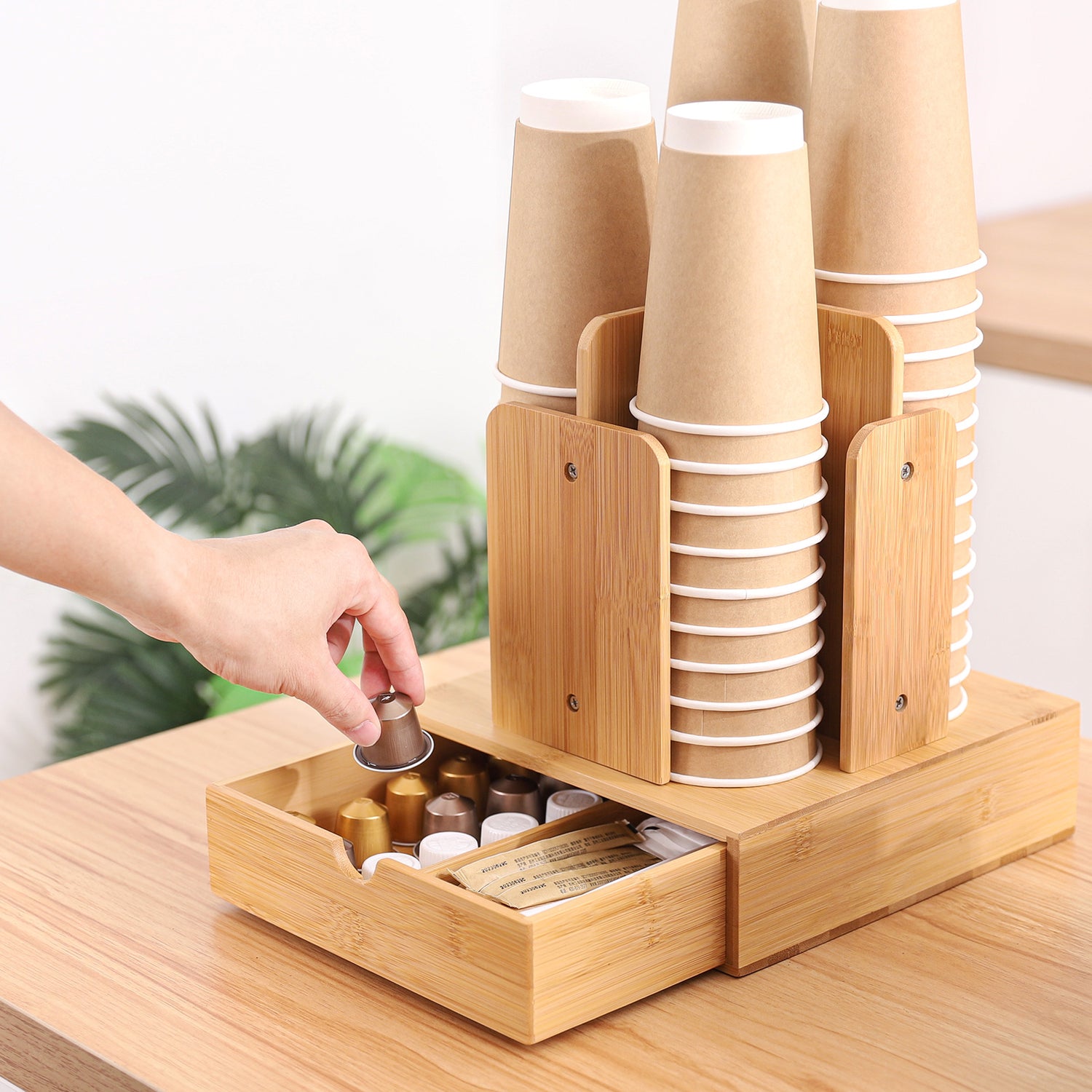 Bamboo coffee organizer with 4 compartments and drawer UB072