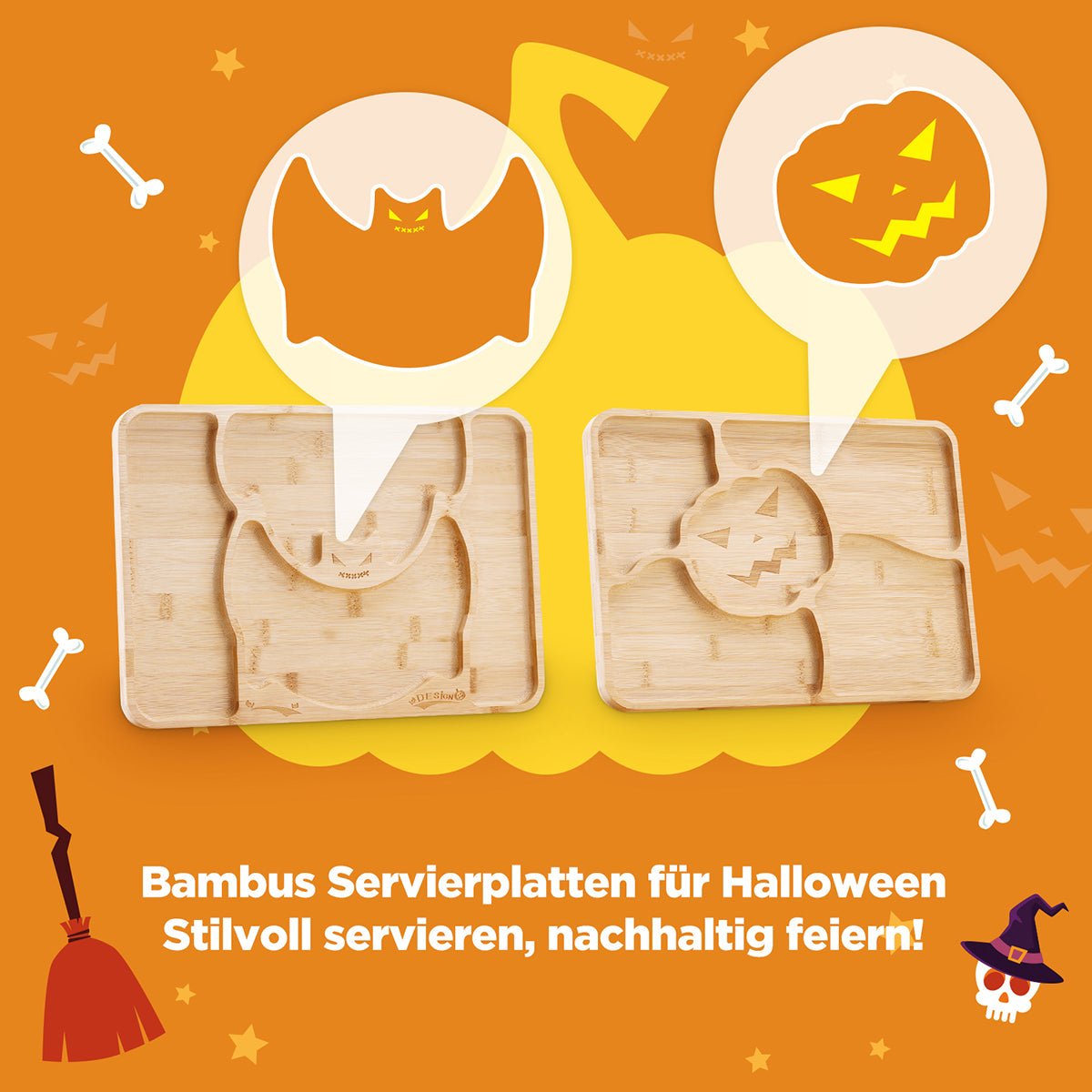 2er Set Bambus Servierplatten, Halloween Kürbis & Fledermaus Design UB054 UB054 7 - BambooTidy