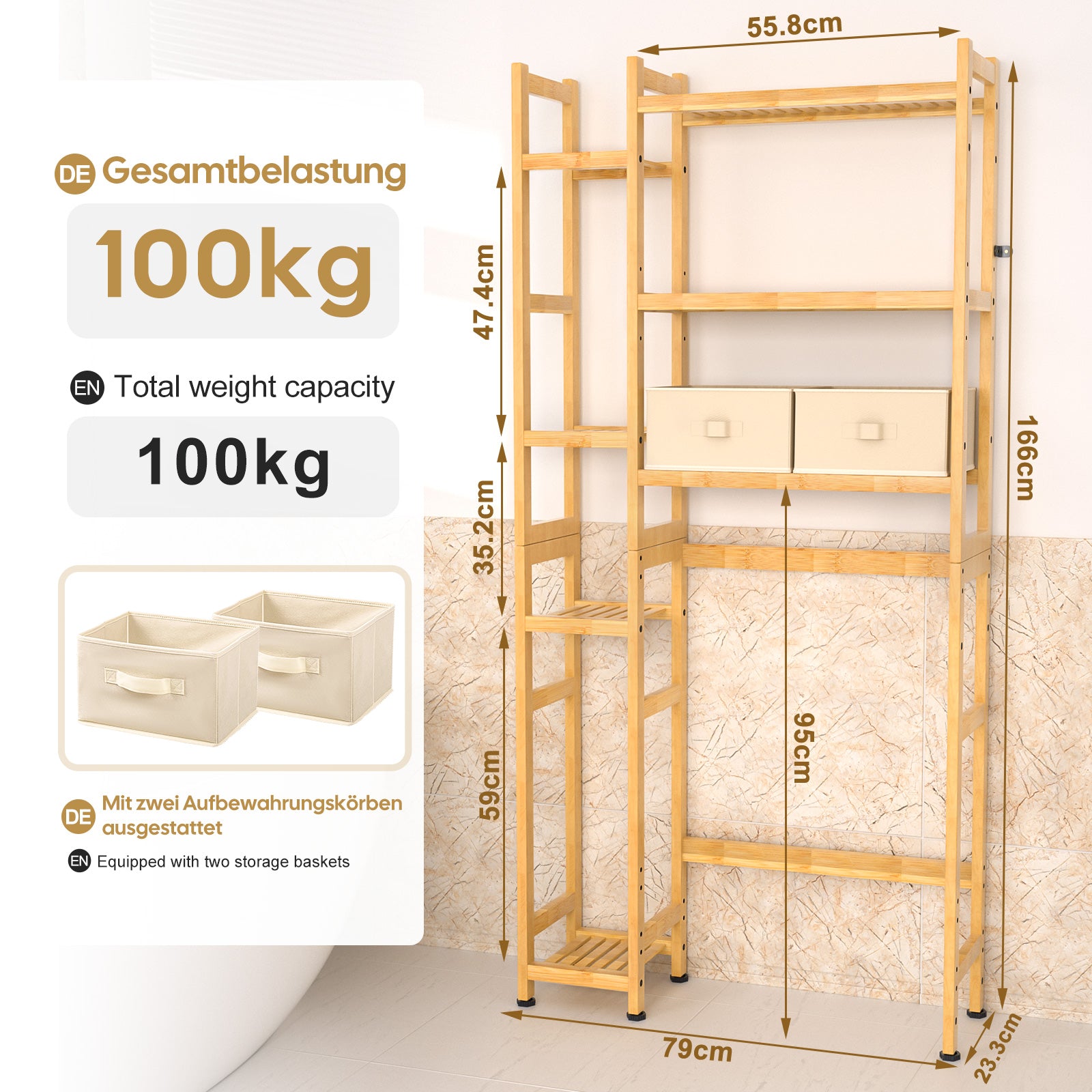 Toilettenregal aus Bambus mit 2 Körben YB036 3 - BambooTidy