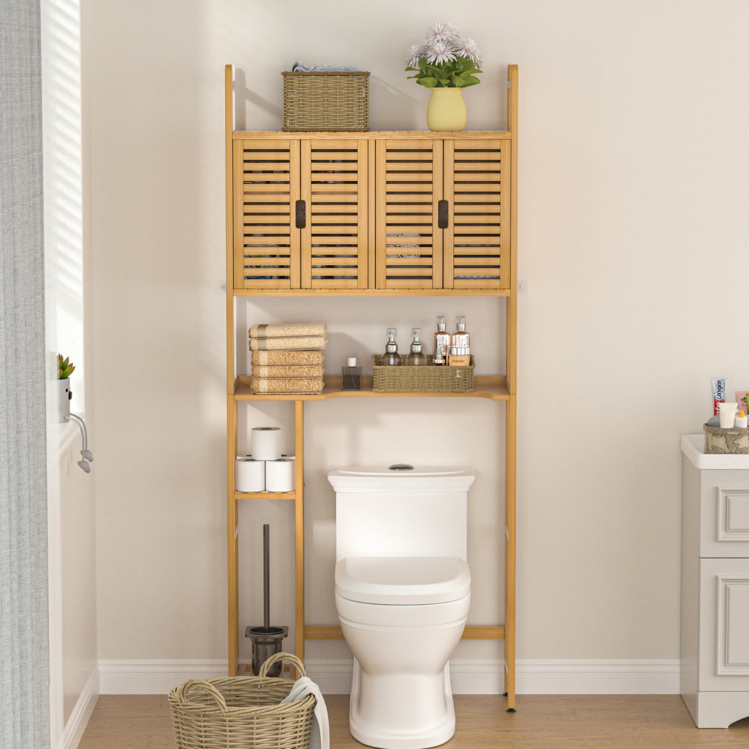 Bamboo toilet shelf with 4 doors YB005