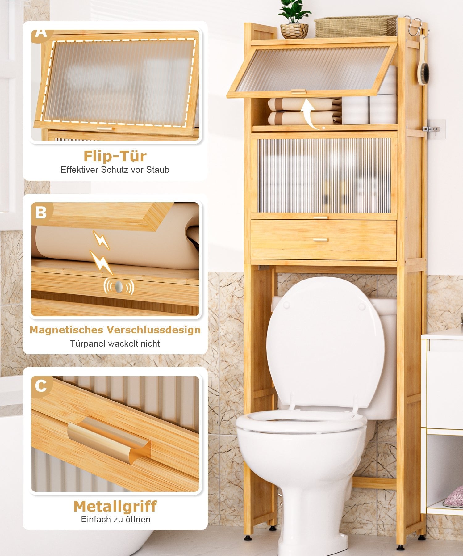 Bambus Toilettenschrank mit Tür und Schubladen CL011 CL011 - UZ055 4 - BambooTidy